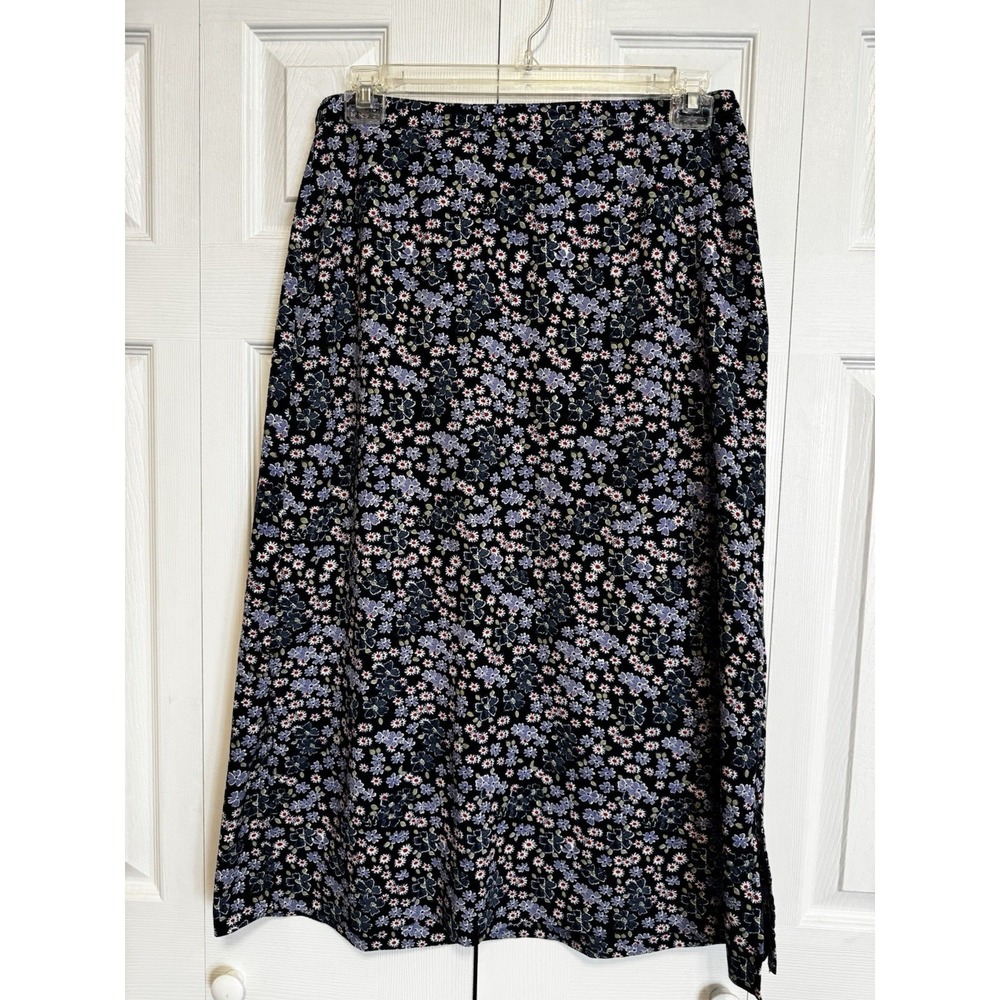 Christopher & Banks Blue Floral Midi Skirt 12 Navy A-Line Side Slit Cottagecore